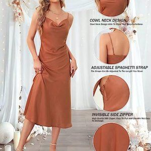 Thanth - Women's Sleeveless Spaghetti Strap Satin Dress - Caramel -- Medium (R1)